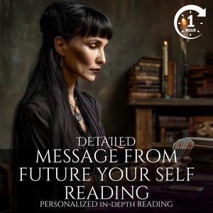 May include: An image of a woman with long black hair and dark clothing, holding tarot cards. The text on the image reads "DETAILED MESSAGE FROM FUTURE YOUR SELF READING" and "PERSONALIZED IN-DEPTH READING". A clock icon indicates a 1-hour reading.