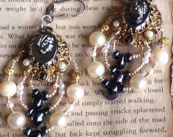 upcycled vintage cameo chandelier earrings~dangle and drop earrings~mixed media pearl hematite earrings