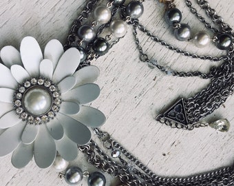 White large petal flower multi strand necklace assemblage~ silver chains-beads and rhinestone pieces