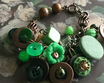 Vintage upcycled buttons copper assemblage bracelet ,mixed media bracelet, hippie chic jewelry