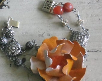 ooak large orange flower silver assemblage bracelet~mixed media bracelet-junk gypsy style~ooak flower bangle