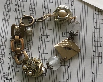 Vintage pearl gold earrings assemblage chain bracelet~junk gypsy assemble~ooak~recycled bracelet~bohemian jewelry