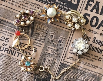 Upcycled vintage pins and earring assemblage bracelet-destash assemblage bracelet