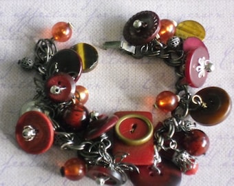 repurposed red & brown buttons~vintage buttons~chunky charm bracelet~mixed media~statement jewelry