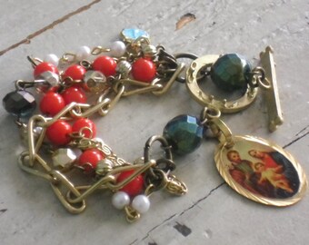 vintage holy family assemblage multistrand charm bracelet~paper clip chains with pearls,iris blue & watermelon beads