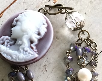 Large Purple cameo assemblage bracelet-freshwater pearls-brass chain and rondelle crystals