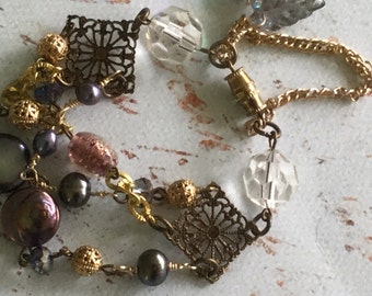 Multistrand purple pearls mixed media bracelet~vintage inspired~ooak~junk gypsy wedding