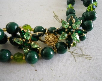 upcycled vintage emerald green rhinestone stars bracelet-multistrand jewelry-ooak-emerald jewelry