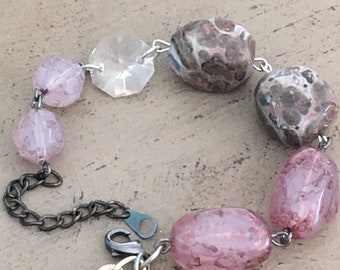 Recycled beaded gemstones with vintage chandelier crystal-hanging charm bracelet