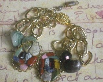 southwestern jade recycled junk chunky mixed gemstone nuggets gold chain links bracelet