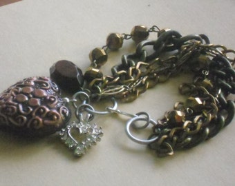 steampunk chain assemblage brown multistrand bracelet-mixed metal-eclectic jewelry-charm bracelet