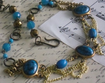 vintage turquoise cabachon chain bib necklace~ooak~assemblage necklace