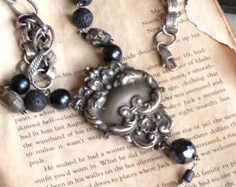 upcycled vintage pewter dress clip pendant~mixed media assemblage necklace onyx beads