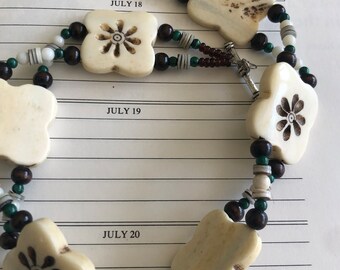 Carved ivory bone flowers with shell and jade beads choker