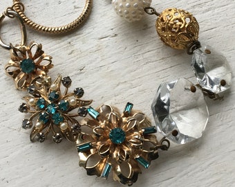 Aquamarine gemstones-pearl and  gold filigree pins assemblage destash chain necklace