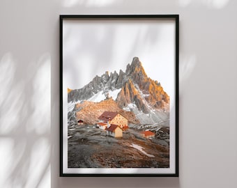 Mural de pared: Naturaleza, Montañas, Alpes, Cabaña - Impresión fotográfica de paisaje de los Dolomitas, póster de bellas artes, decoración escandinava, decoración rústica de pared