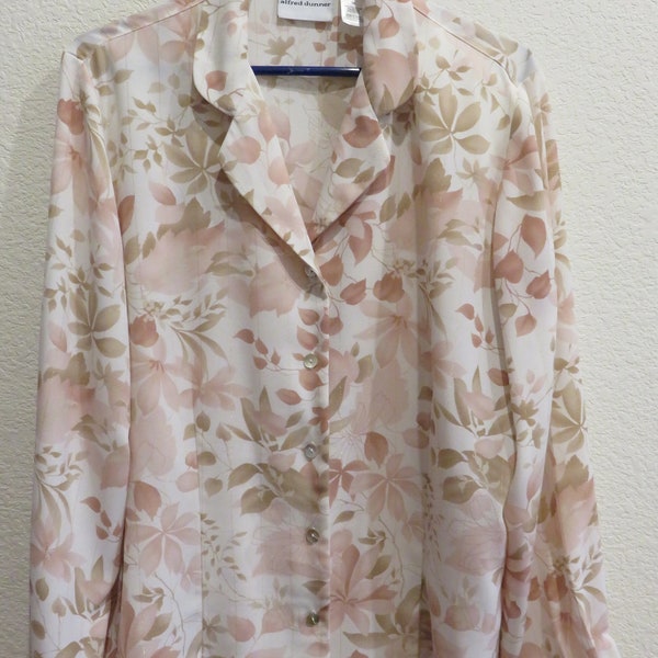 Vintage Alfred Dunner Button Down Blouse Tan/Cream Long Sleeve Size 14