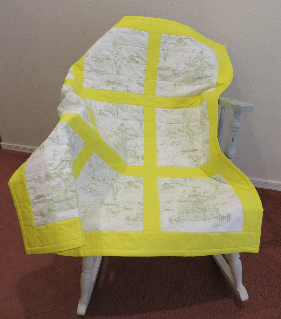 Baby Quilt Comforter Patchwork Green Toile Yellow Sashing 37 X 37 Etsy