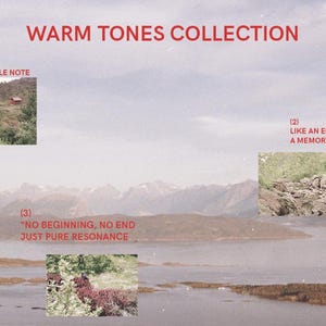May include: Promotional image for the "Warm Tones Collection" with three landscape photos. Text includes "I PLAYED A SINGLE NOTE", "LIKE AN ECHO FROM A MEMORY I NEVER KNEW", and "NO BEGINNING, NO END JUST PURE RESONANCE". A purple badge indicates a 50% off intro sale.