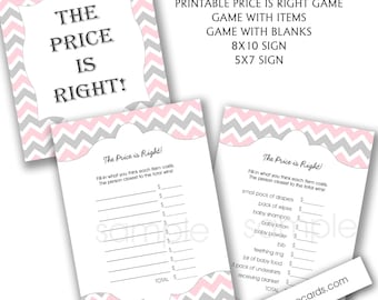 Pink Gray Chevron Price is Right Baby Shower game with sign / instant download, girl baby shower games, pink gray baby shower printables