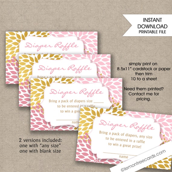 pink gold diaper raffle tickets instant download girl baby etsy