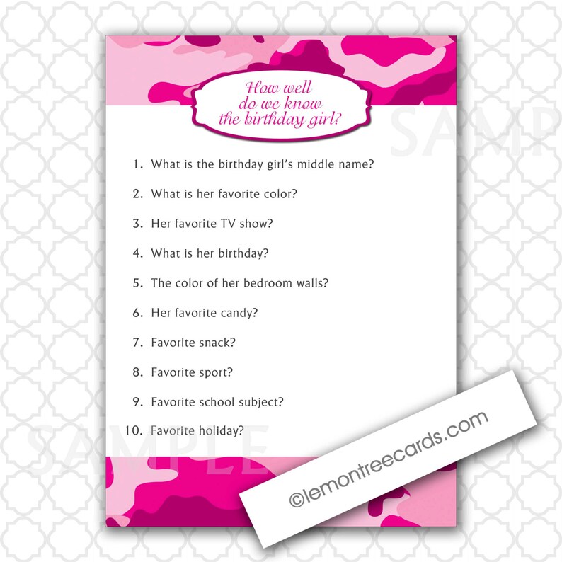 Paper Party Supplies Printable Girl Birthday Game Pink Camo Party Game How Well Do We Know The Birthday Girl Instant Download Girl Birthday Party Game Party Favors Games