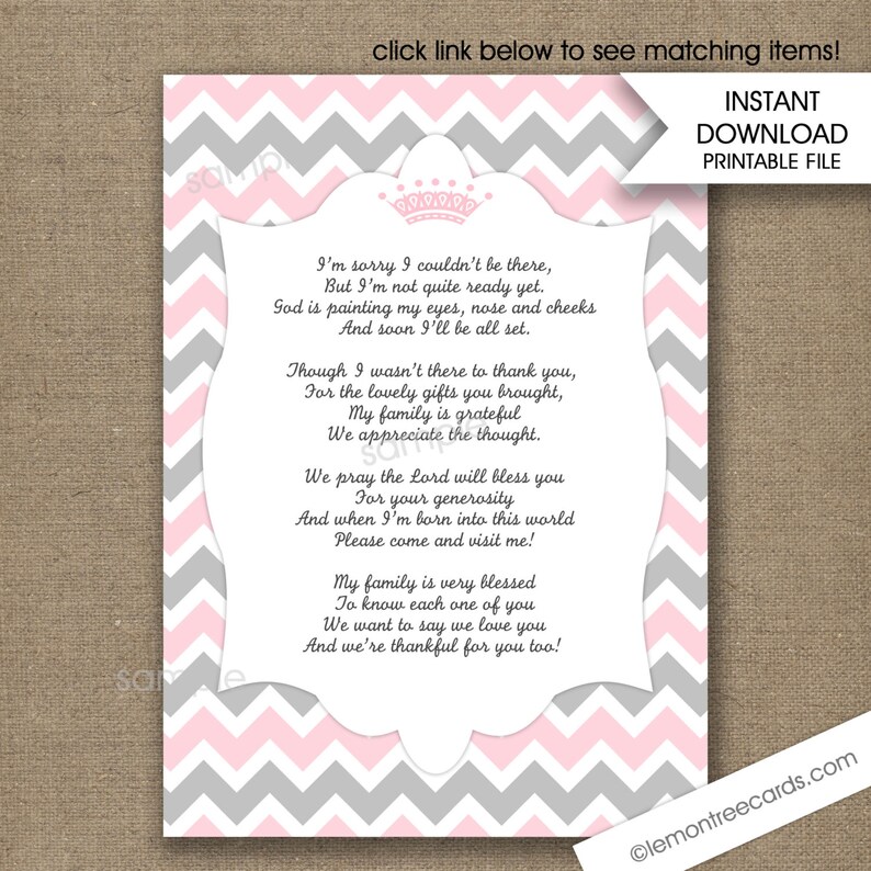 Pink Princess Crown Baby Shower Thank You Poem Notes Instant Etsy
