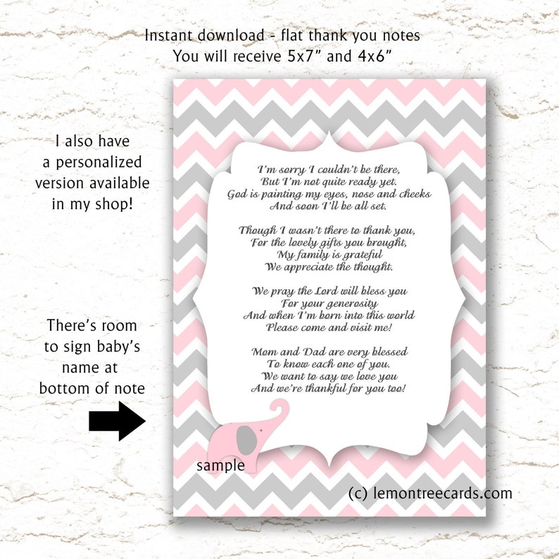 Pink Elephant Baby Shower Thank You Poem Notes Instant Etsy