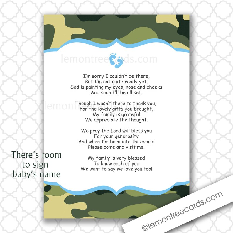 Camo Baby Shower Thank You Notes With Poem Instant Download Etsy