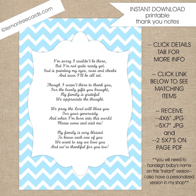 Baby Shower Thank You Poem Notes Instant Download Boy Baby Etsy
