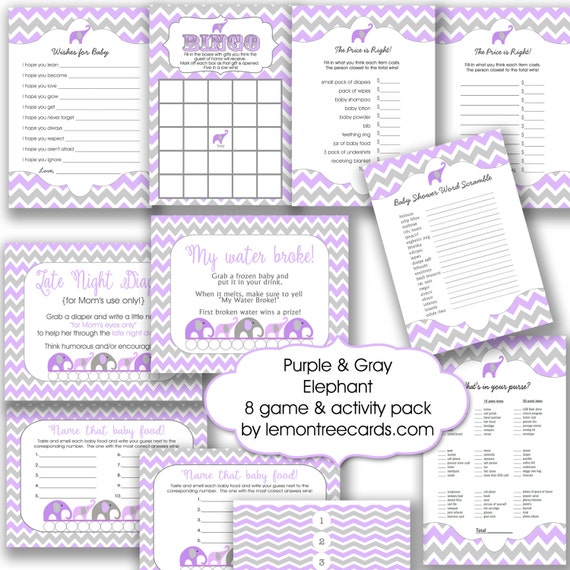 8 Printable Games Purple Elephant Baby Shower Games Pack