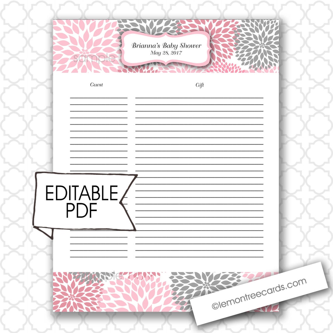 Editable Baby Shower Gift List AND Guest List / Girl Baby Etsy