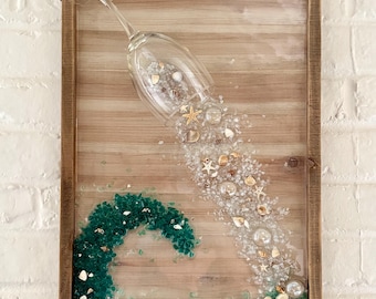 Coastal Wine Glass Wall Art | Handmade Beach Resin Art | Ocean Wave Decor | Seashell & Crushed Glass Artwork | Coastal Home Decor | Bar Art