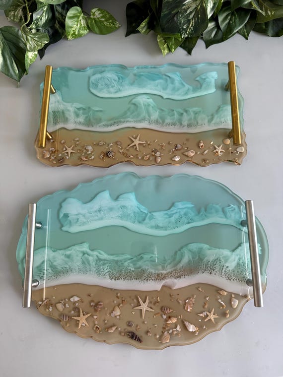 Beach Resin Tray with Seashells: Coastal Ocean Decor