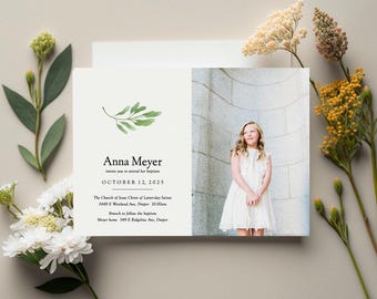 Girl baptism invitation with photo  |  modern, simple, leaf LDS digital file baptism invite with picture, DIY, digital download   |  Anna