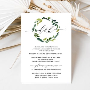 Invitación de boda / Conjunto de invitaciones de boda modernas y minimalistas / Sencillas e imprimibles - Derek + Kendra, corona de hojas