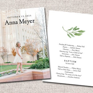 May include: A baptism program with a watercolor leaf design. The program lists the order of service for the baptism of Anna Meyer on October 12, 2023.