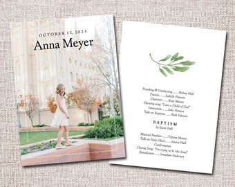LDS girl baptism program |  digital program with photo - Anne
