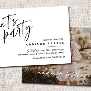 May include: White invitation card with the words "Let's party" in a stylish script. The card includes details for Addison Parker's party: date, time, location, and RSVP information. A second card shows a photo of a person.