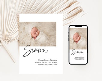 Birth announcement card with photo | Custom, modern baby boy, baby girl digital birth announcement with picture | Printable | Text | Simon