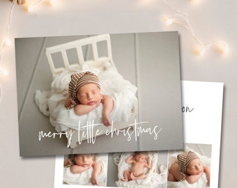 May include: A Christmas card featuring a newborn baby sleeping in a white crib. The card has the text "merry little christmas" written in white script.