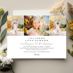 LDS Baptism invitation, modern baptism invitation, girl, photo card, picture, baptism invite: PRINTABLE  |   3 photo  |  Julianne