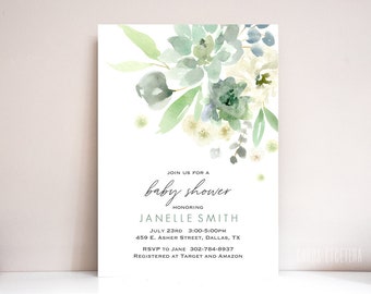 Girl Baby Shower Invitation, Baby Shower Invite, Modern baby shower, floral, girl, bridal shower invitations: PRINTABLE - Succulent Bouquet