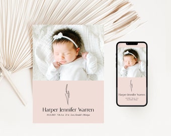 Birth announcement card with photo | Custom, modern baby boy, baby girl digital birth announcement with picture | Printable | Text |  Kayla