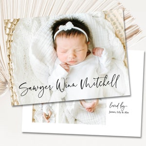 Faire-part de naissance |  fille, garçon carte numérique moderne pour nouveau-né avec photos | de remerciement pour bébé avec photos |  Scie