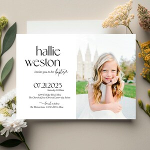 Taufeinladung mit Foto, Mädchen |  moderne, schlichte LDS digitale Taufeinladung, DIY Download Bekanntmachung mit Bild, |  Hallo