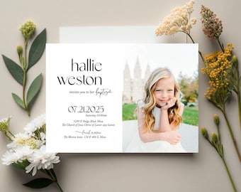 Baptism invitation with photo, girl  |  modern, simple LDS digital baptism invite, DIY download announcement with picture,   |  Hallie