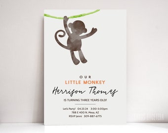 Kids birthday invitation - Boy jungle theme party invite - Printable, digital, personalized, DIY card - Little Monkey
