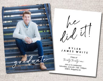 Graduation Announcement, Graduation Invitation, Photo Graduation Announcement, Graduation, Printable Graduation Announcement - He did it