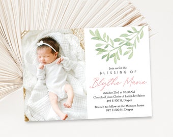 Girl LDS Baptism invitation, baptism/baby blessing/Cahtolic christening photo invite: Modern, white  DIY printable photo card - Blythe